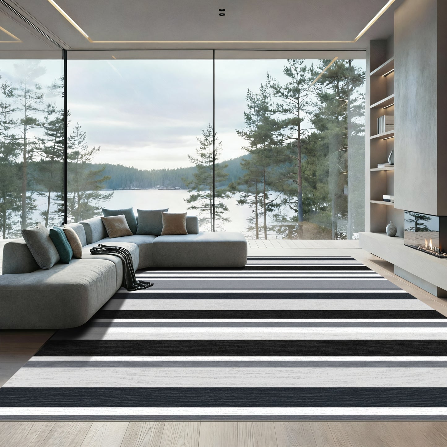 Modern Gray Black Horizontal Stripe Rug
