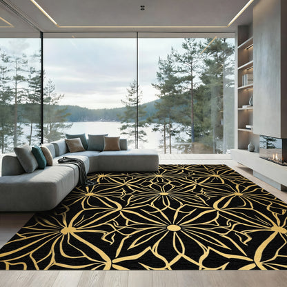 Golden Art Nouveau Floral Black Rug