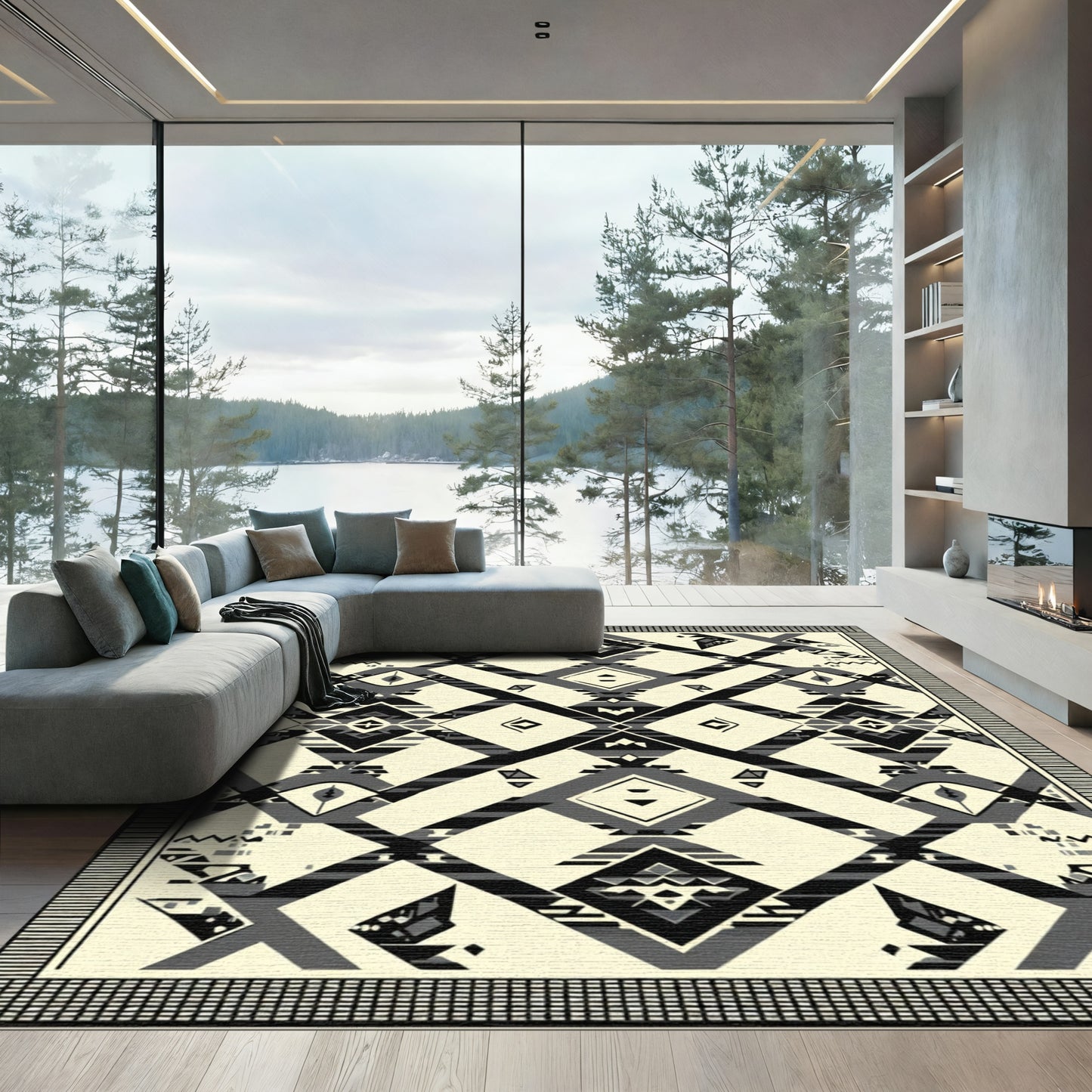 Bold Black Cream Geometric Navajo Rug