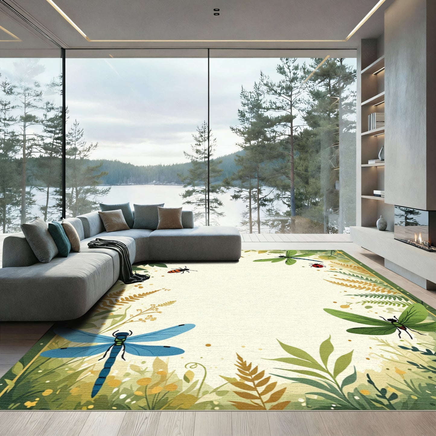 Whimsical Green Dragonfly and Ladybug Garden Rug