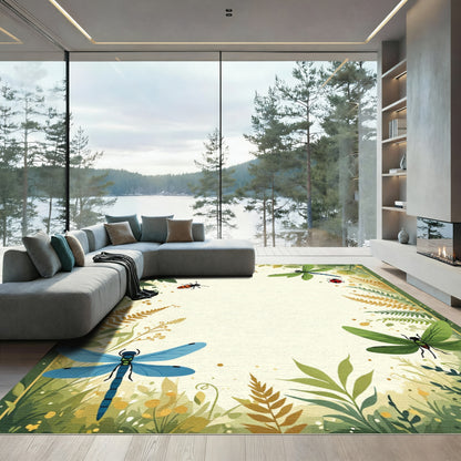 Whimsical Green Dragonfly and Ladybug Garden Rug