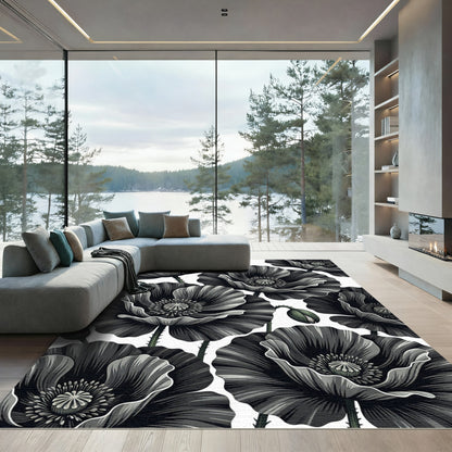 Dramatic Black Poppy Floral Repeat Rug