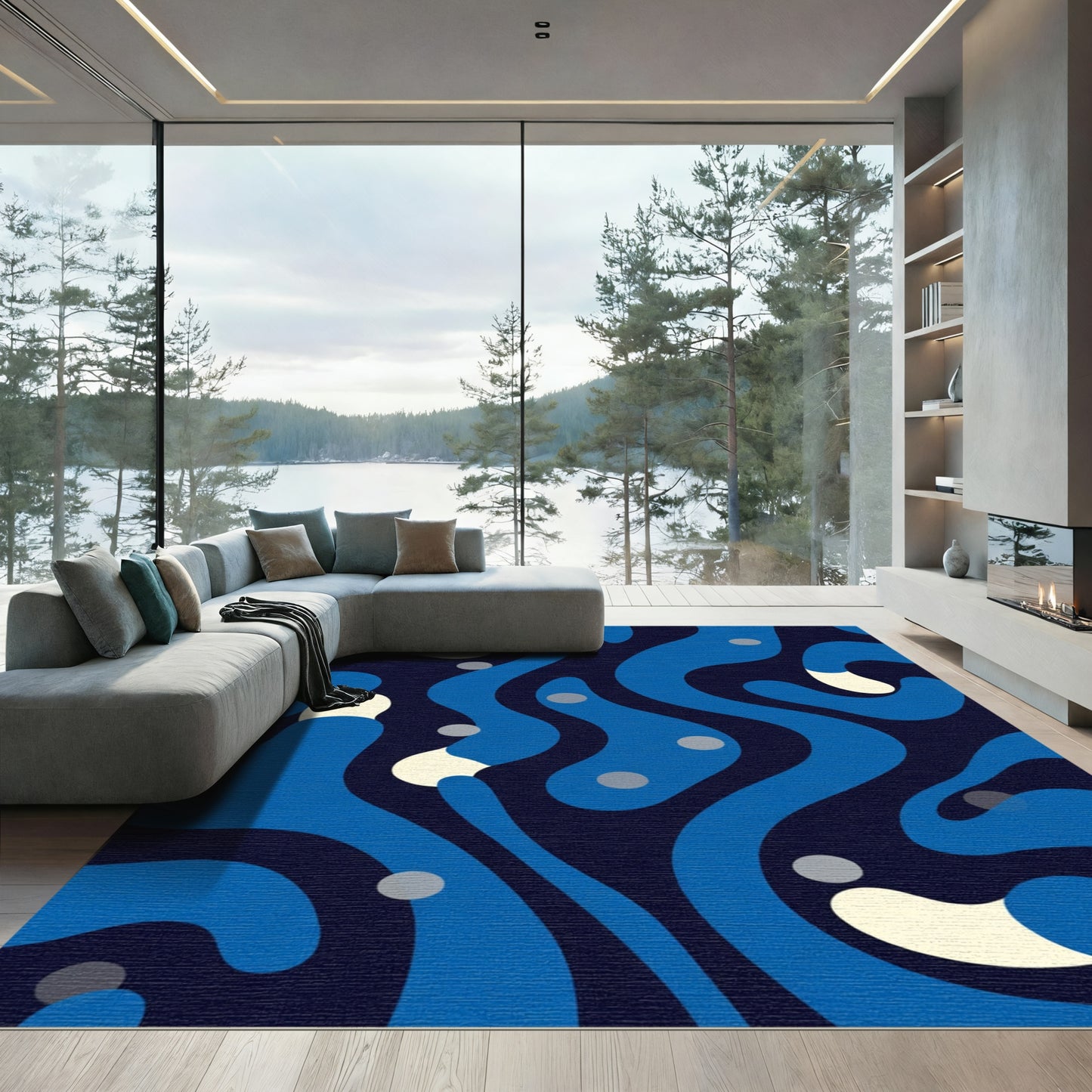Deep Blue Organic Flow Abstract Rug