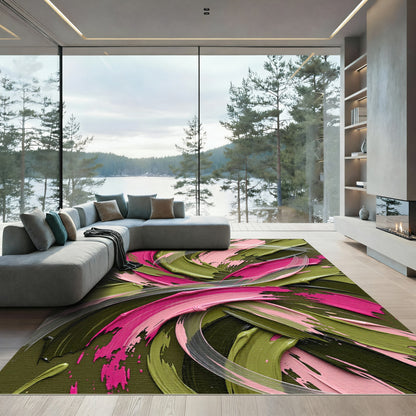 Bold Pink and Olive Abstract Swirls Rug