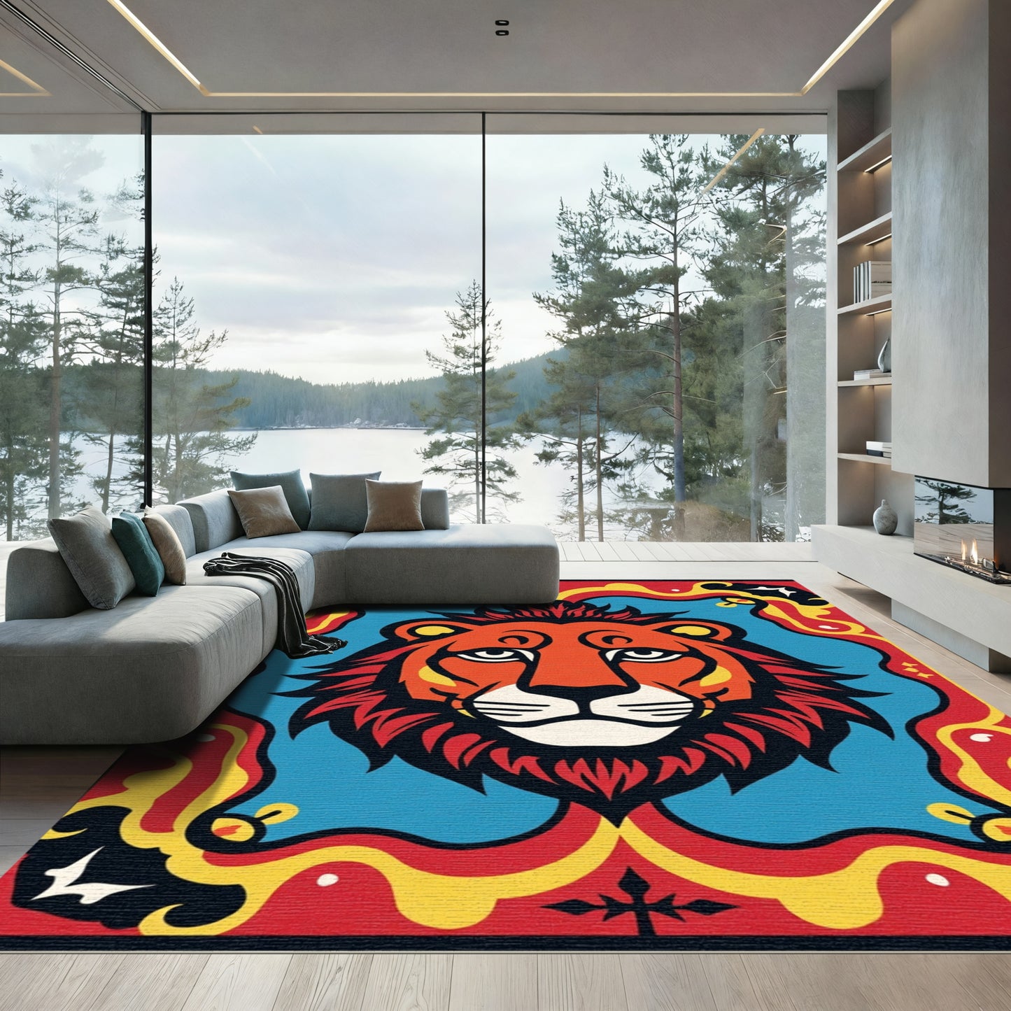Bold Lion Red Yellow Blue Frame Rug