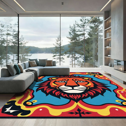 Bold Lion Red Yellow Blue Frame Rug