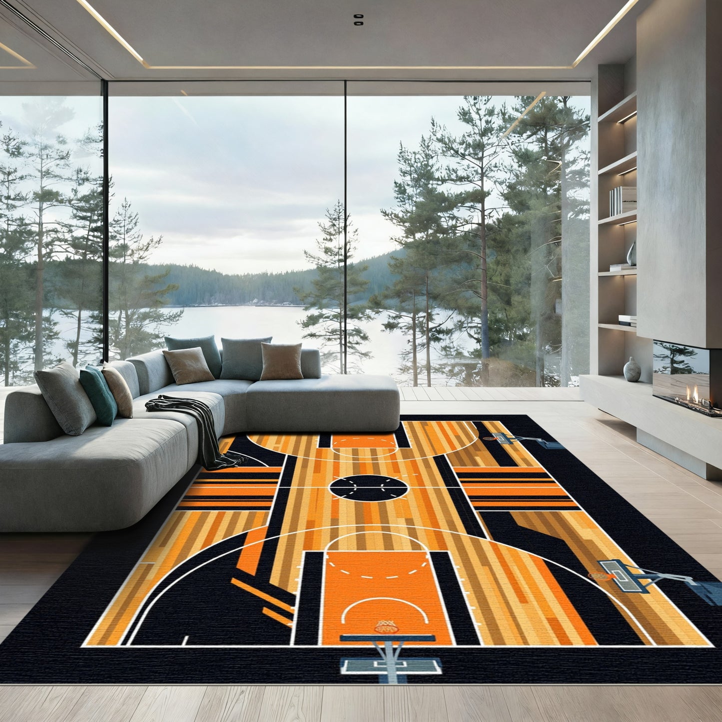 Modern Basketball Court Orange Black Graphic Rug