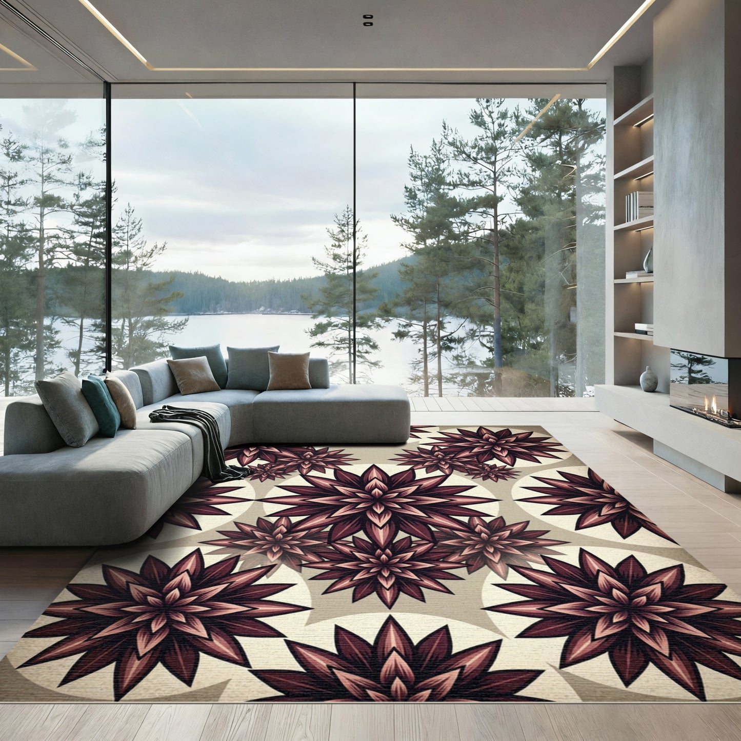 Burgundy Floral Botanical Geometric Medallion Rug
