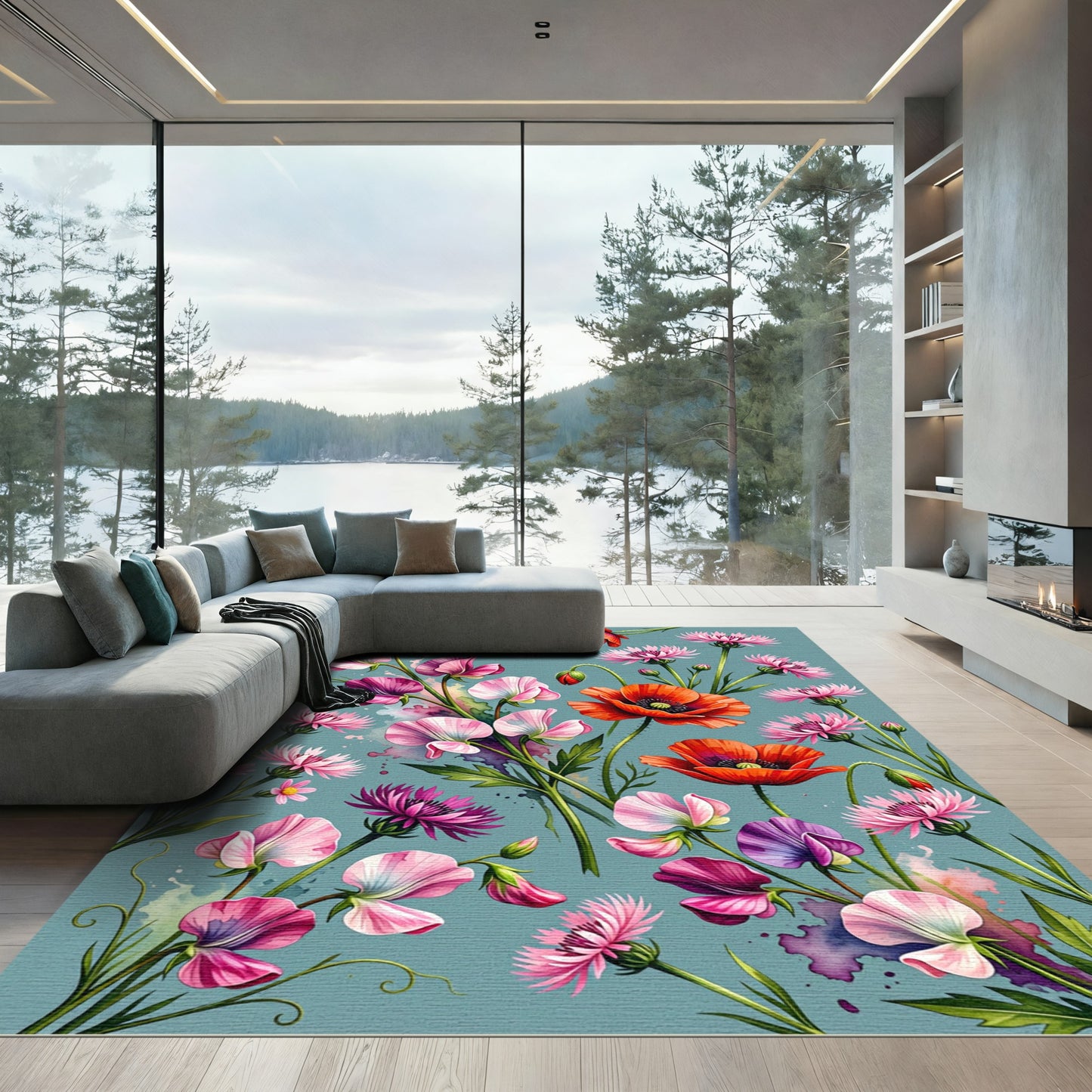 Watercolor Poppy and Sweet Pea Meadow Rug