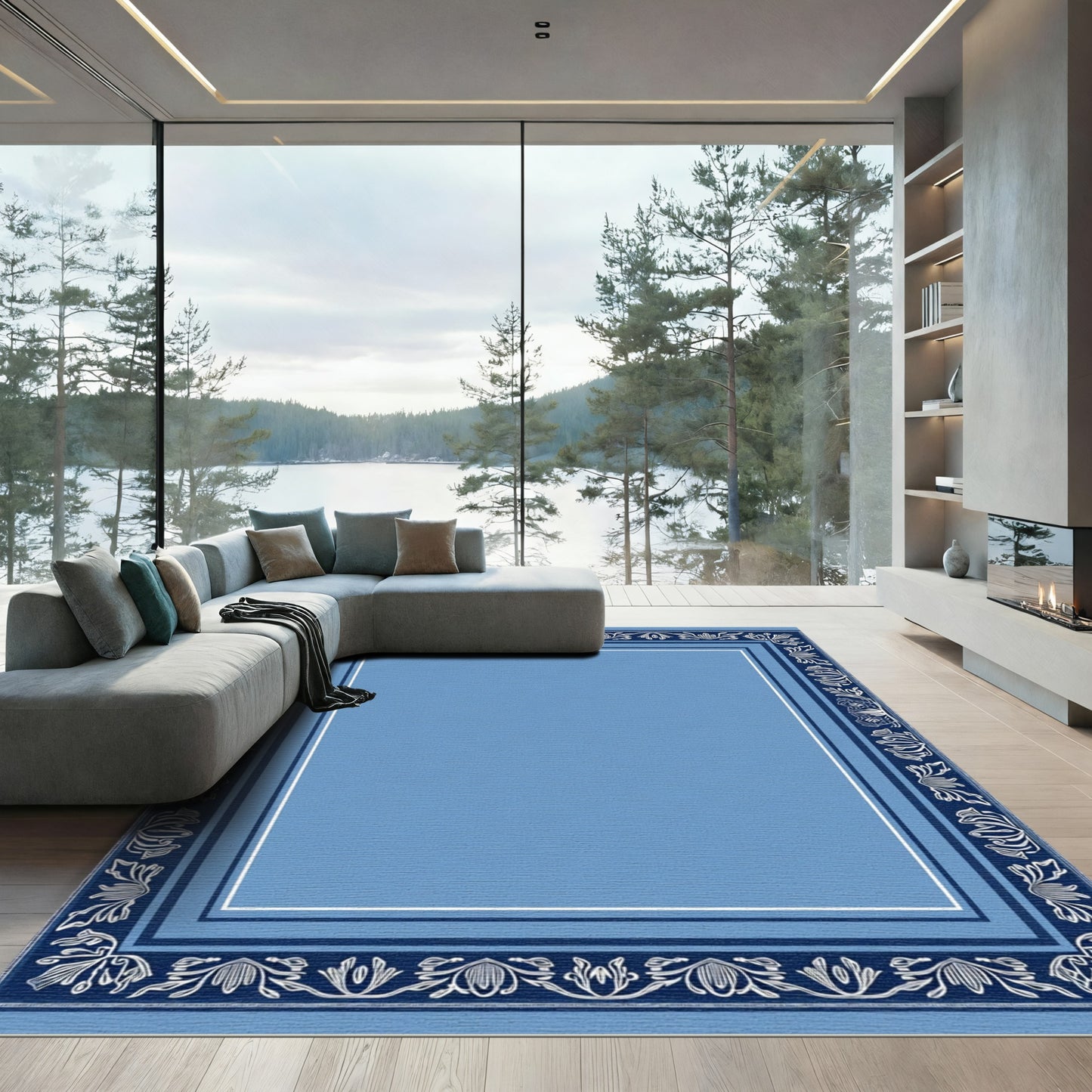 Blue Floral Border Medallion Rug
