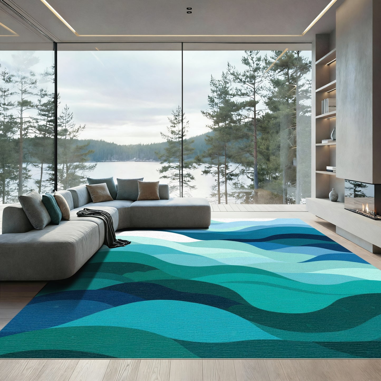 Abstract Teal Blue Ocean Waves Rug