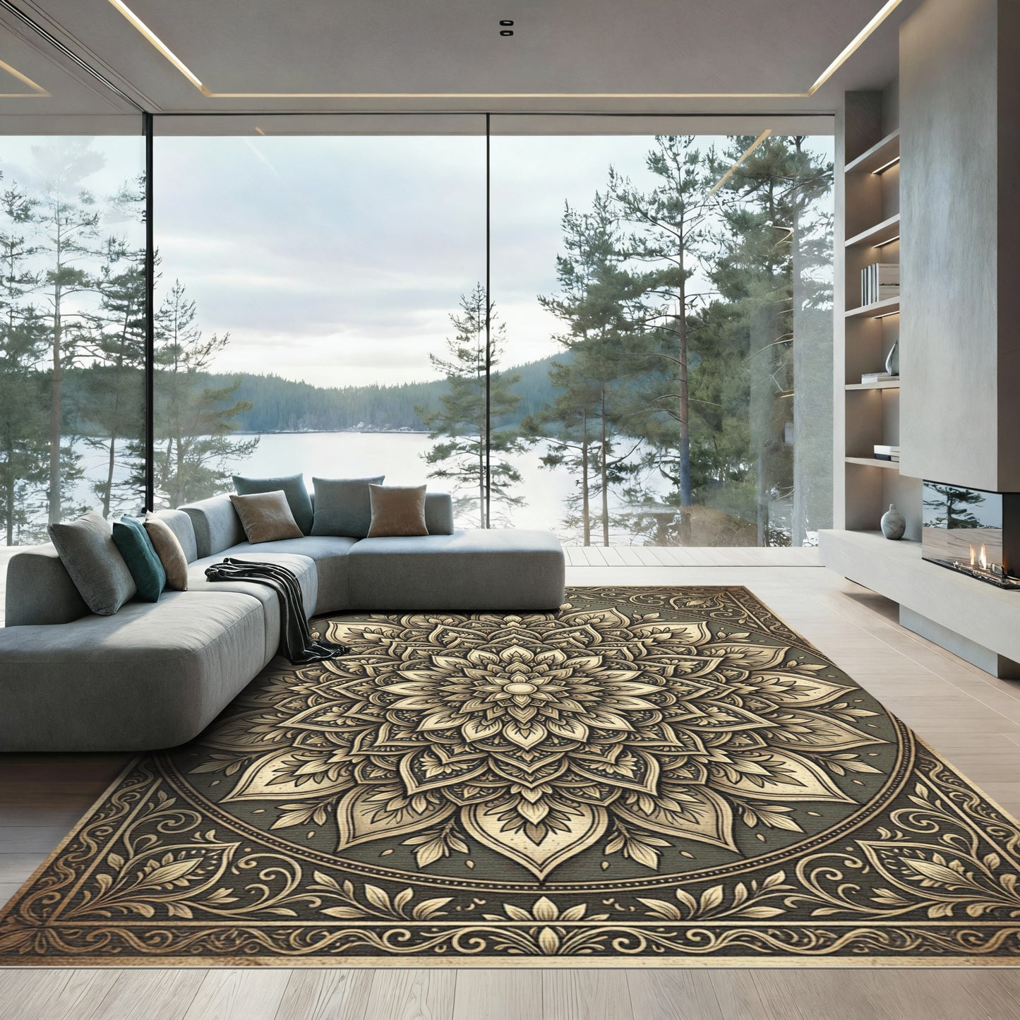 Ornate Gold Floral Mandala Medallion Rug