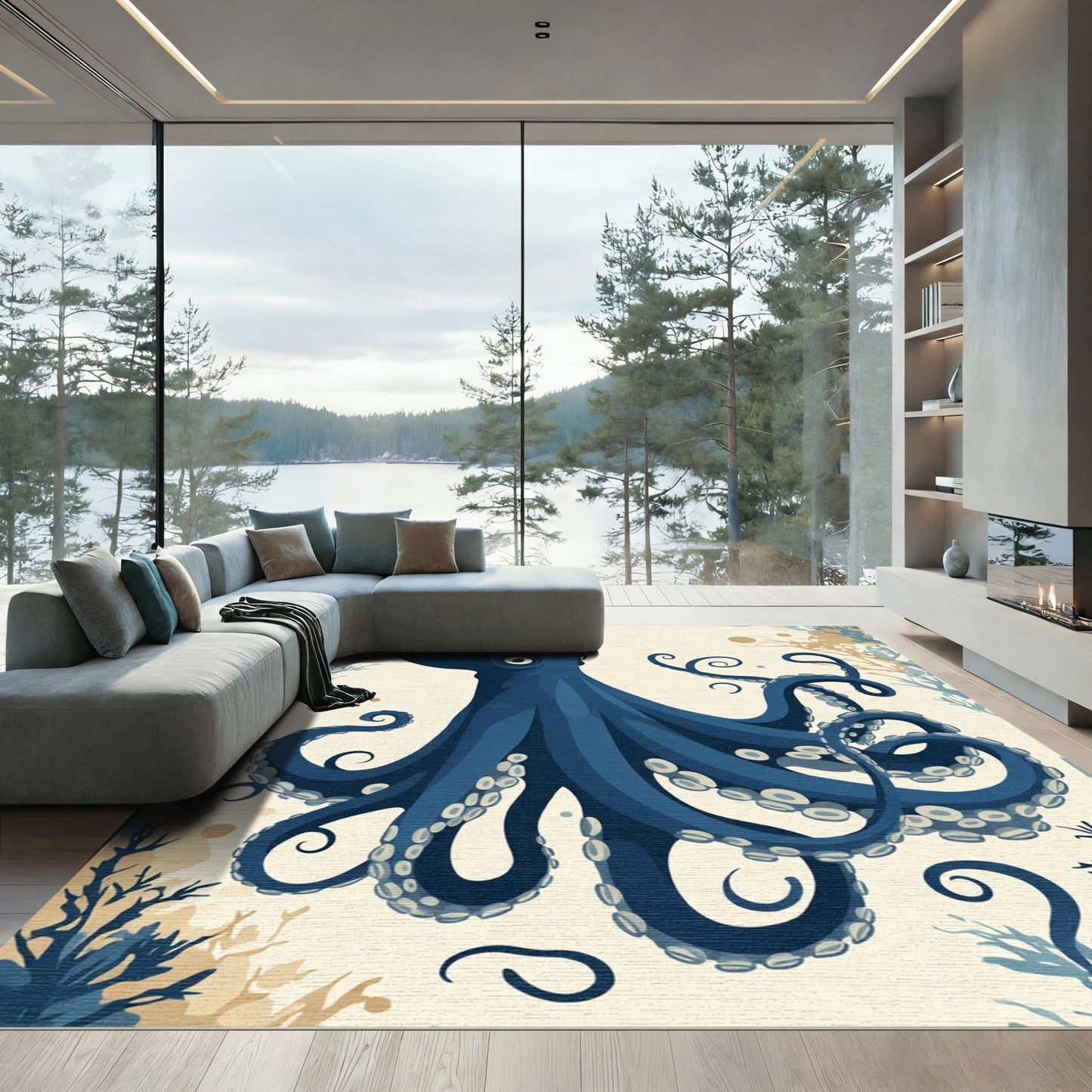 Deep Blue Octopus Seaweed Swirl Rug