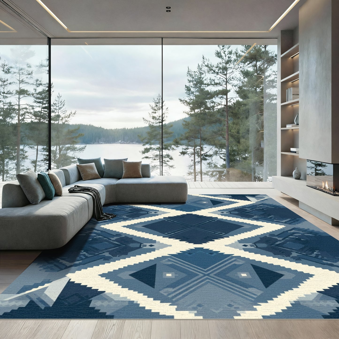 Coastal Blue Geometric Diamond Rug