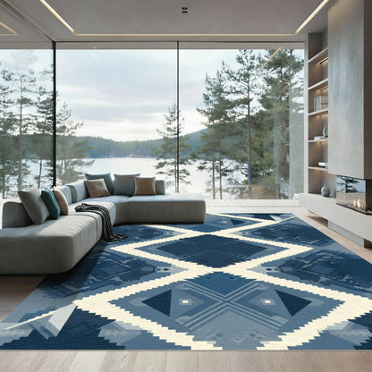 Coastal Blue Geometric Diamond Rug