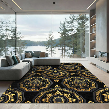 Black Gold Octagon Mandala Rug