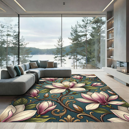 Elegant Magnolia Bloom Teal Scroll Rug
