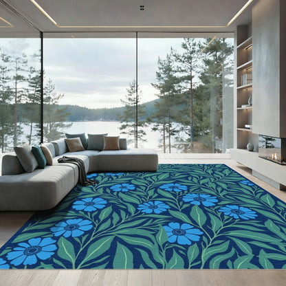 Navy Blue Floral Vine Meadow Rug