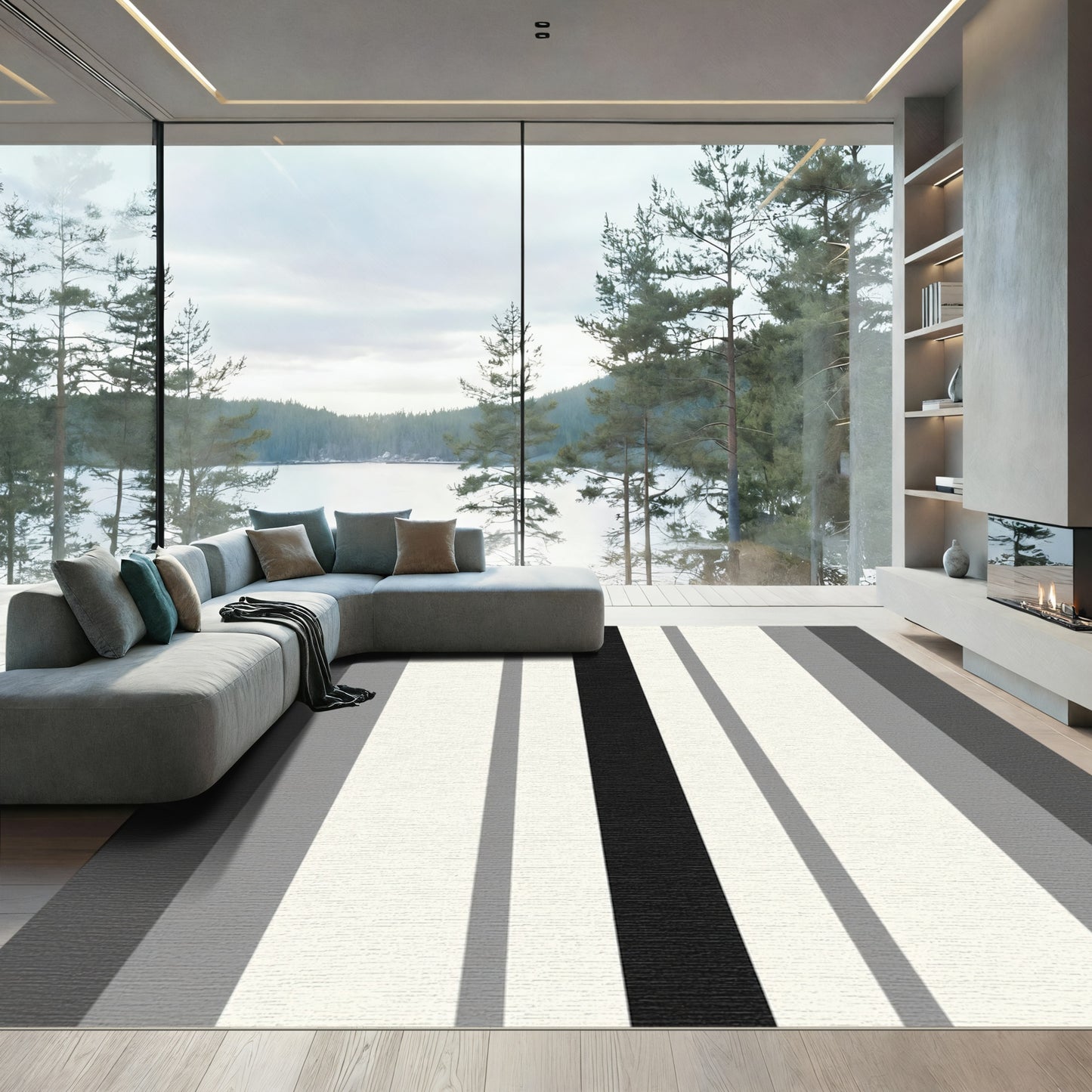 Bold Gray Black White Vertical Stripes Rug
