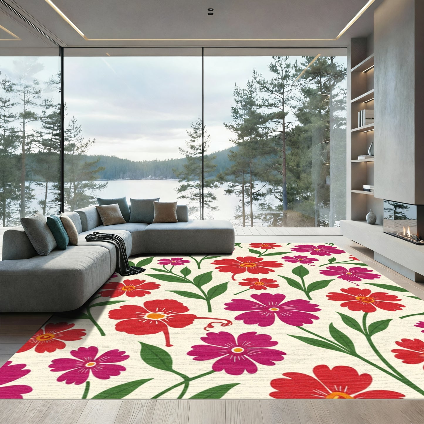 Vibrant Red Crimson Floral Bloom Rug