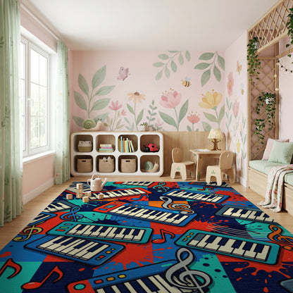 Vibrant Musical Keyboards Splatter Notes Rug