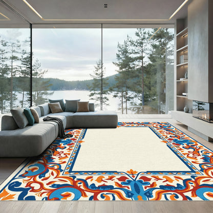 Vibrant Blue Orange Floral Scrollwork Rug