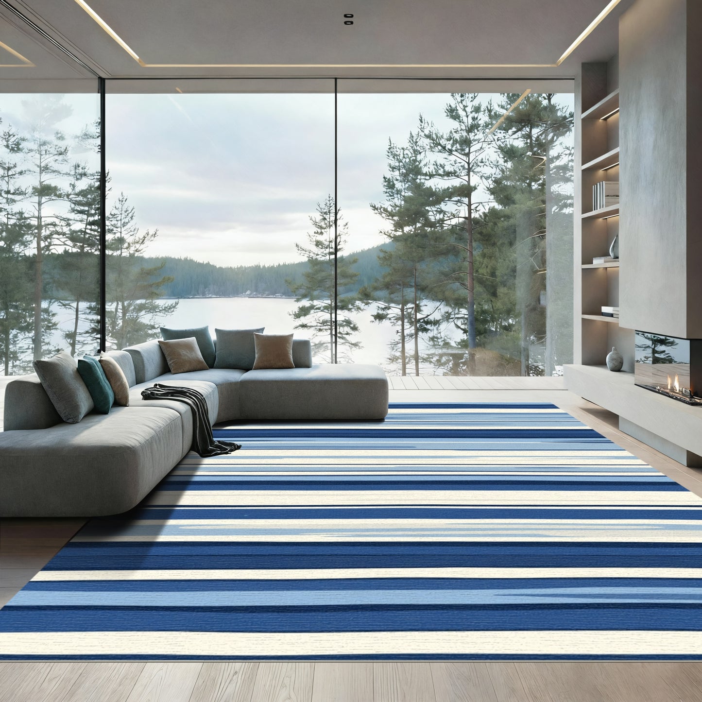 Navy Blue Cream Horizontal Stripes Rug