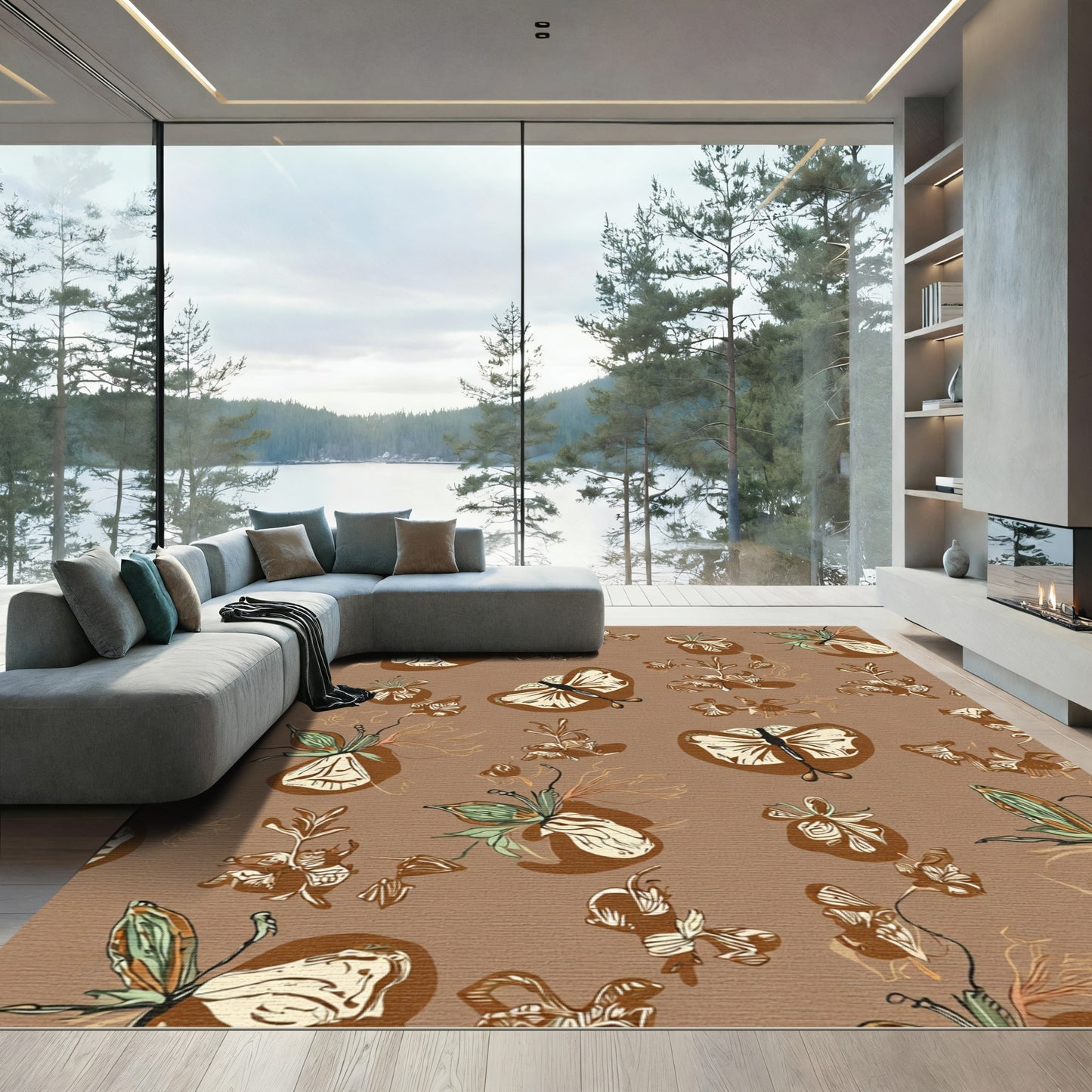 Earthy Brown Butterfly Garden Arrangement Rug