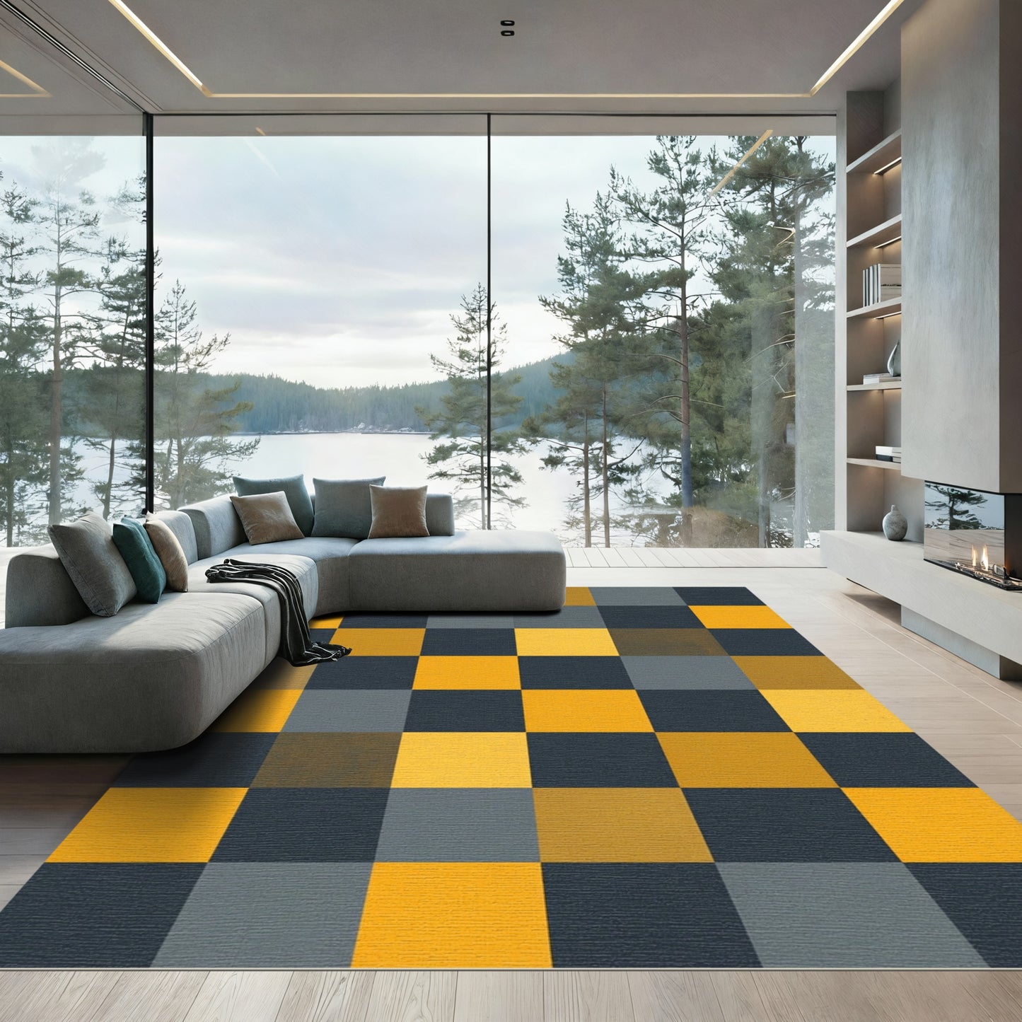 Gold Gray Charcoal Checkered Squares Rug