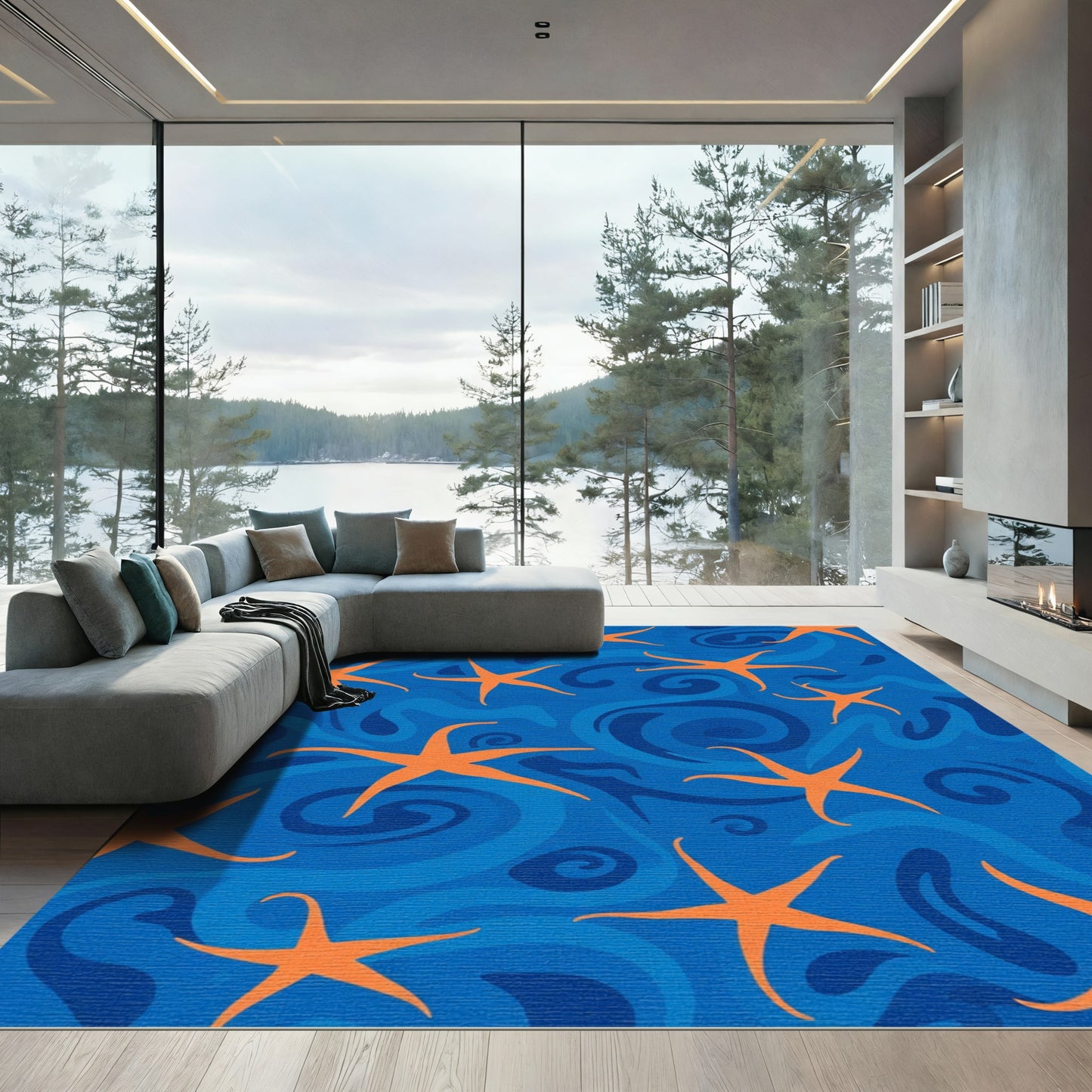 Orange Starfish With Blue Swirls Rug