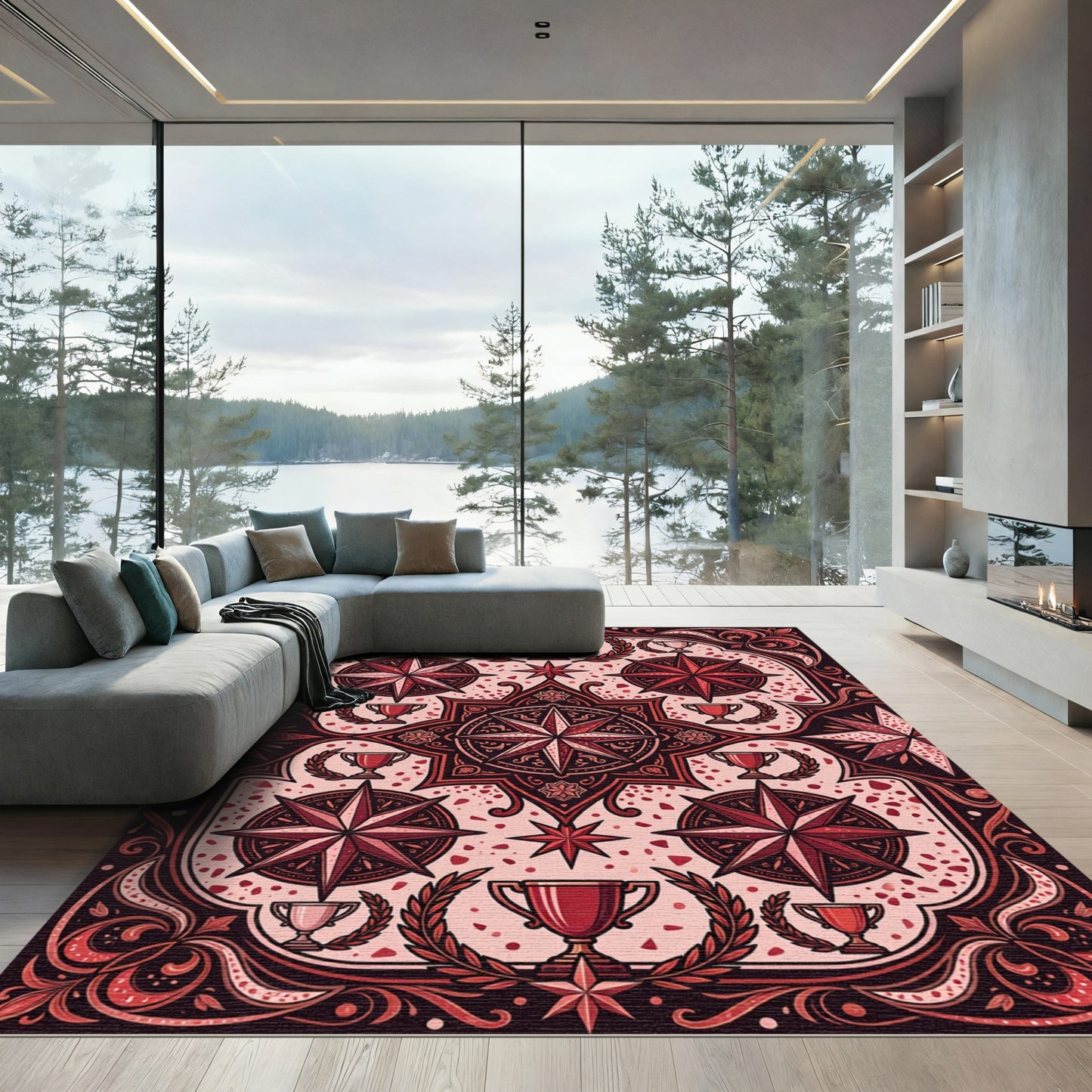 Crimson Nautical Compass Trophy Medallion Rug
