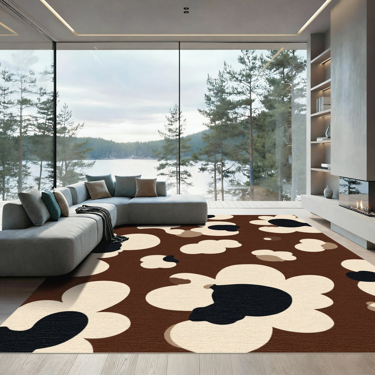 Brown Cream Black Mid Century Floral Rug