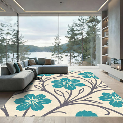 Teal Floral Vine Cream Background Rug