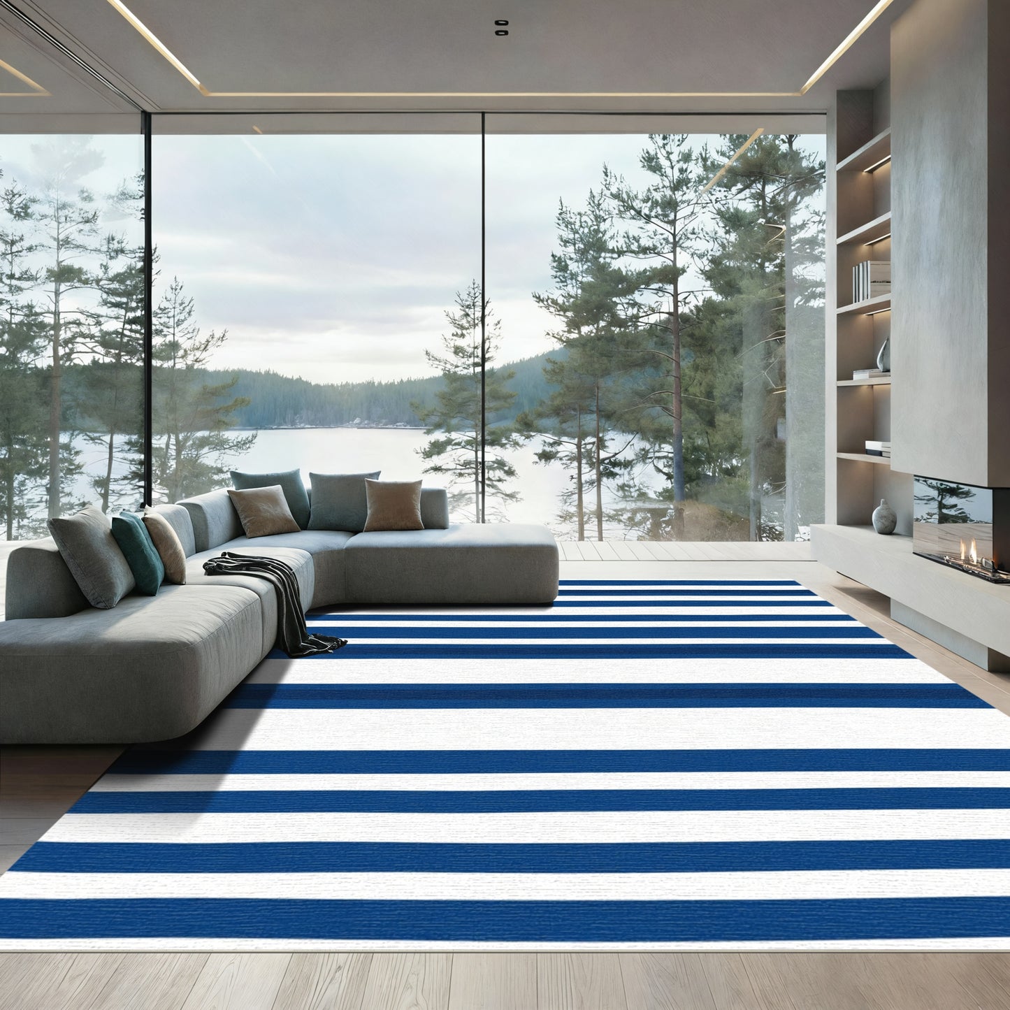 Bold Navy White Horizontal Stripe Rug