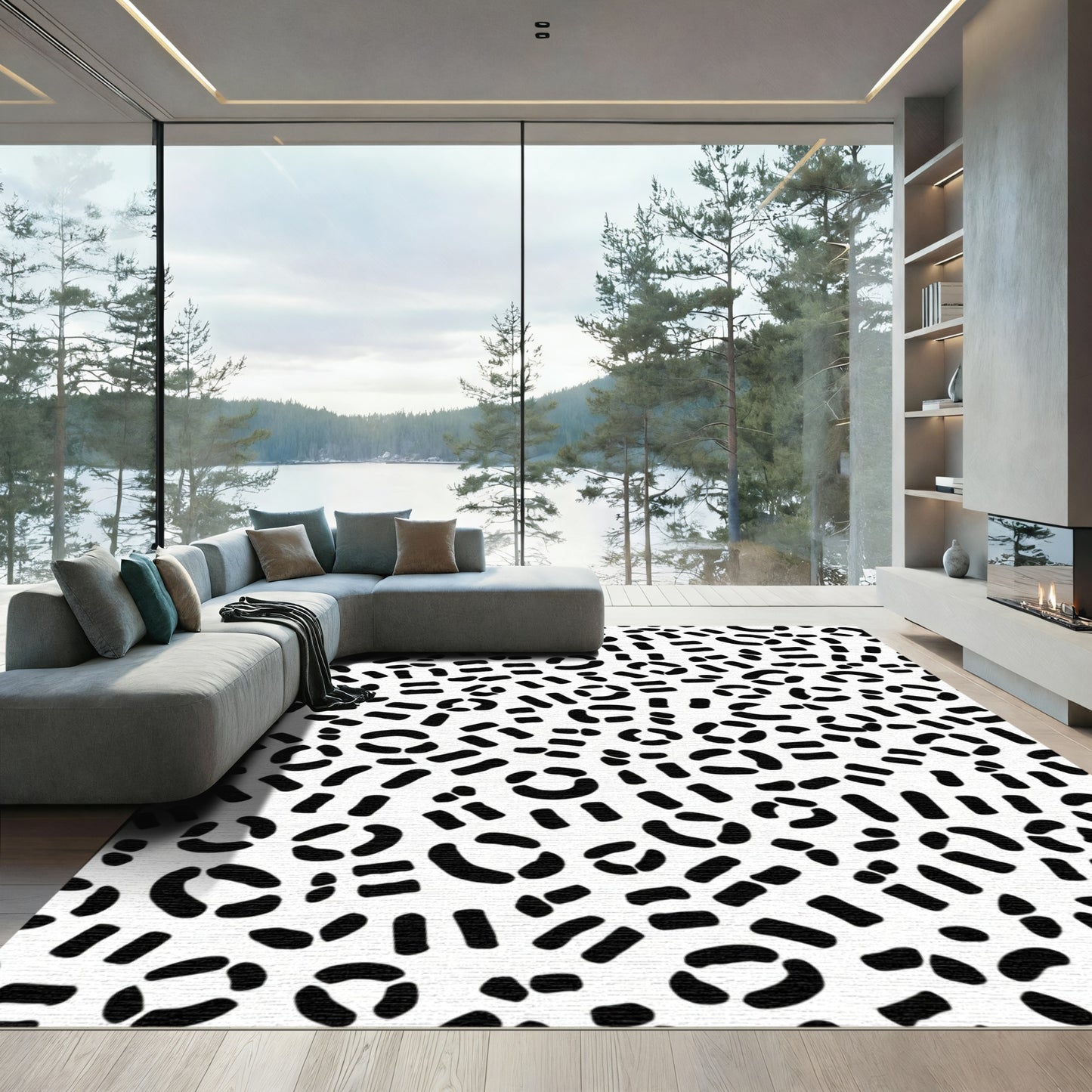 Abstract Black Circles Dash Arrangement Rug