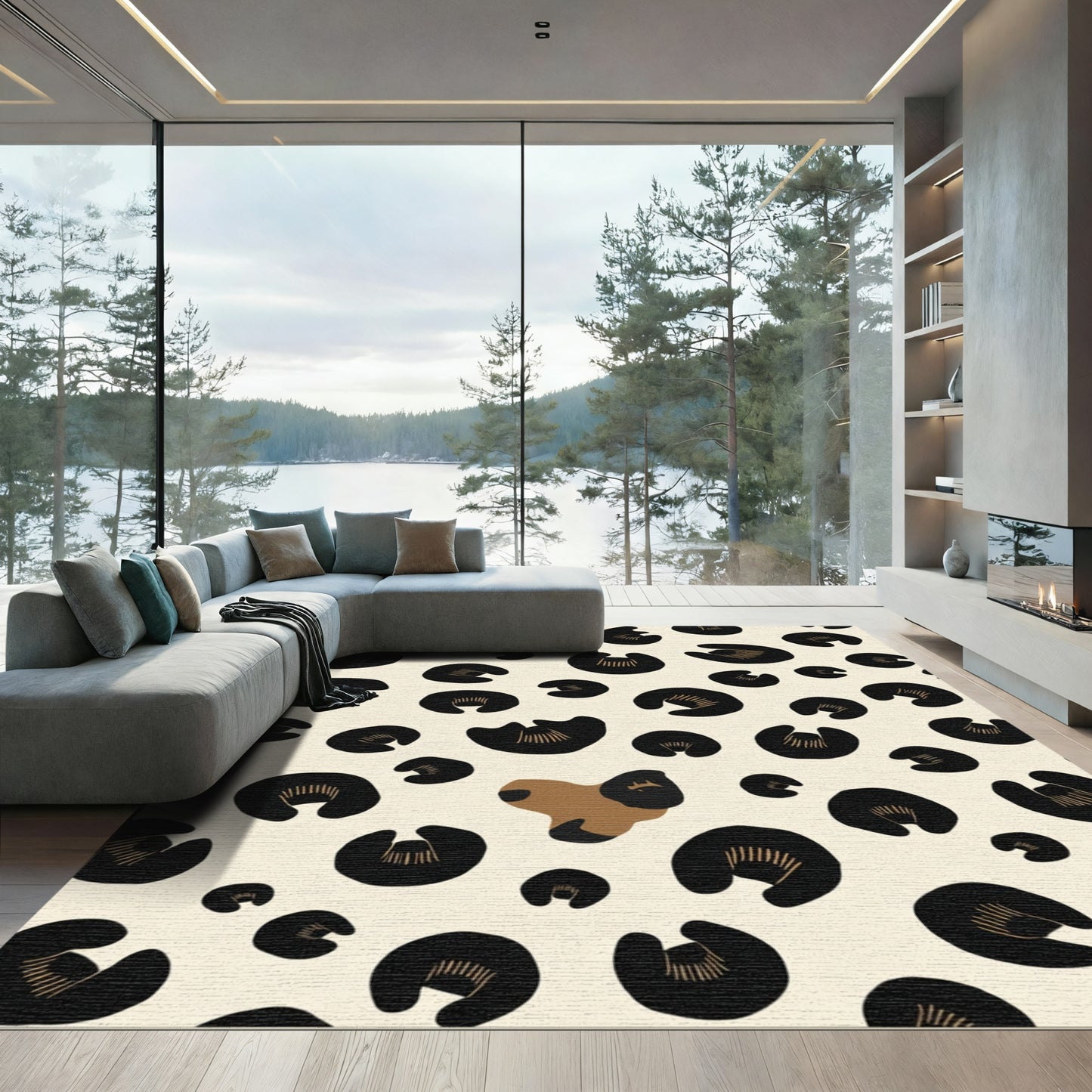 Bold Black Tan Leopard Spots Rug