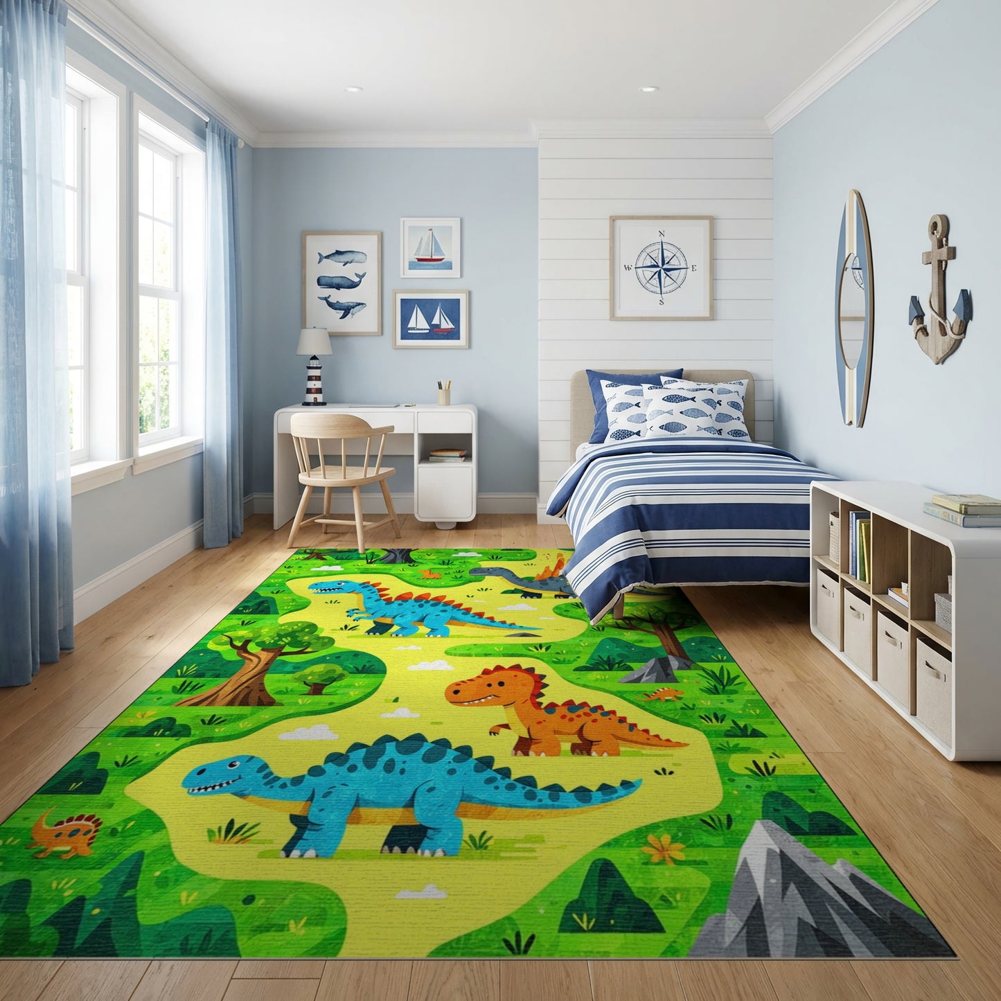 Playful Dinosaur Jungle Volcano Rug