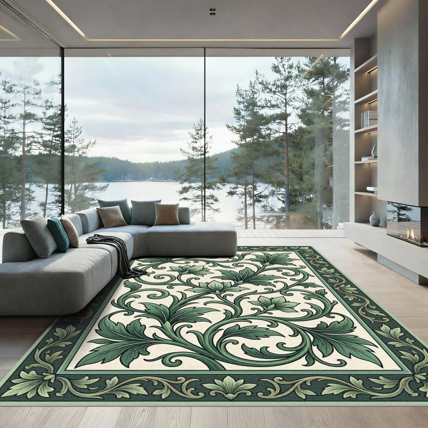 Emerald Green Floral Acanthus Scroll Rug