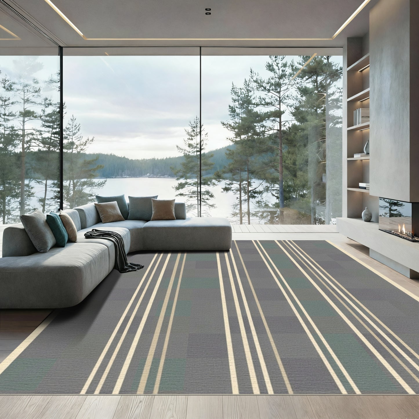 Subtle Cream Vertical Stripe Grey Rug