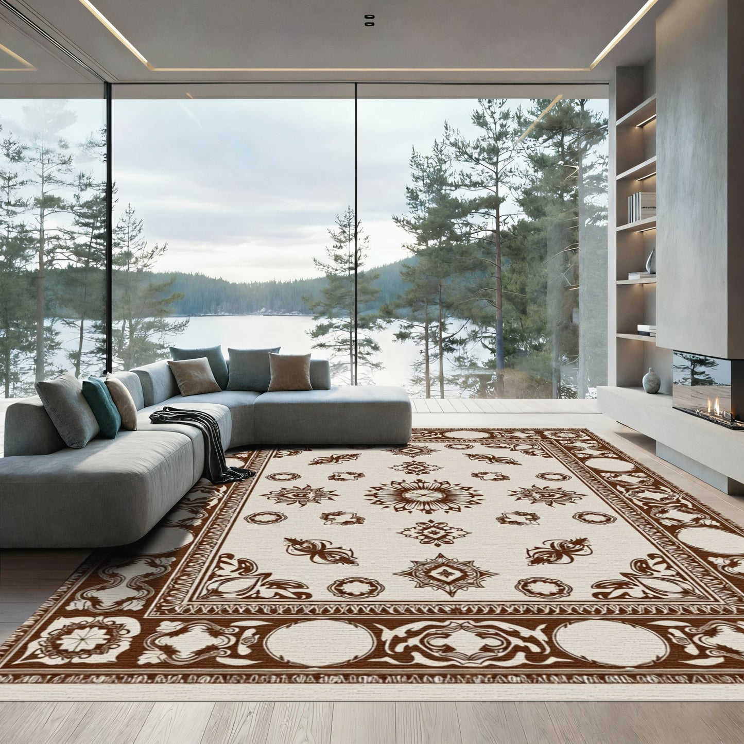 Ornate Brown Floral Medallion Rug