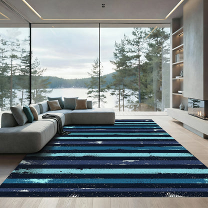Modern Navy and Teal Distressed Stripe Rug
