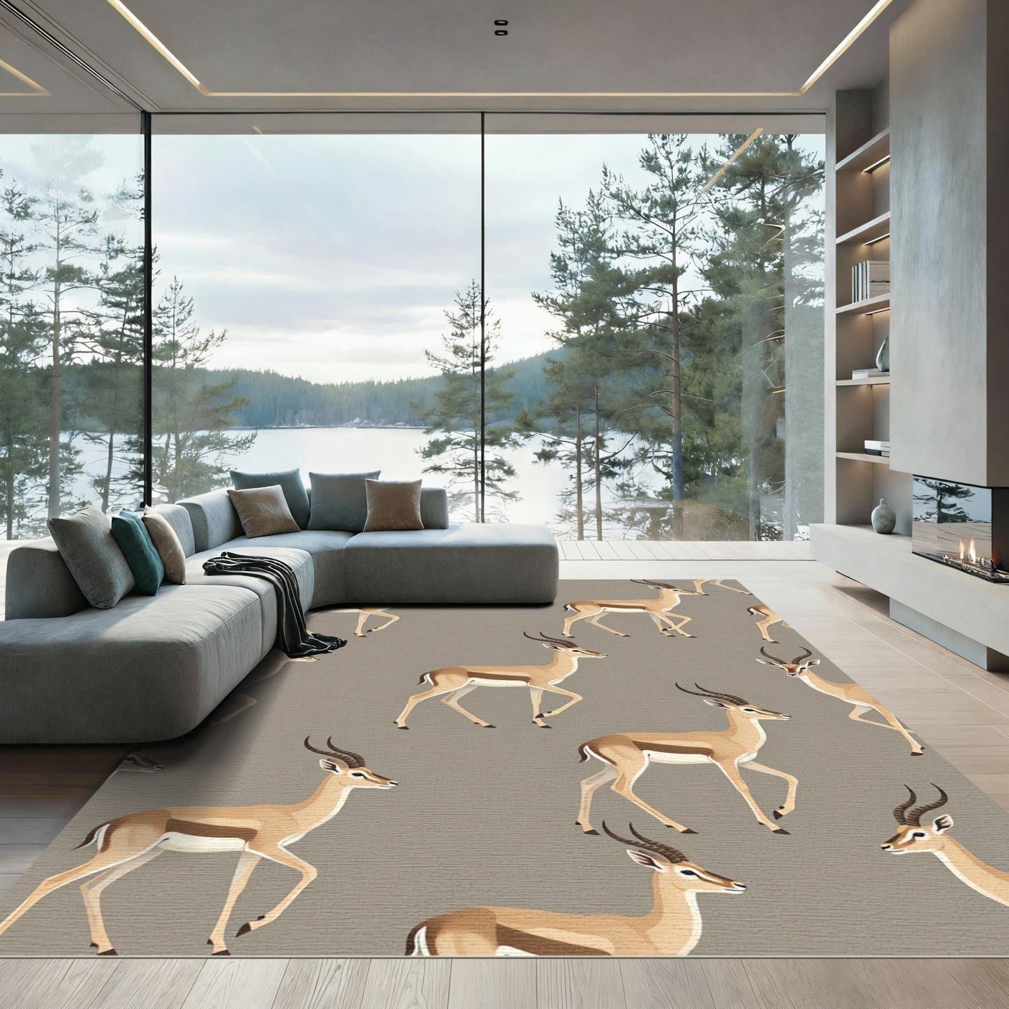 Elegant Gazelle Illustration in Warm Taupe Rug