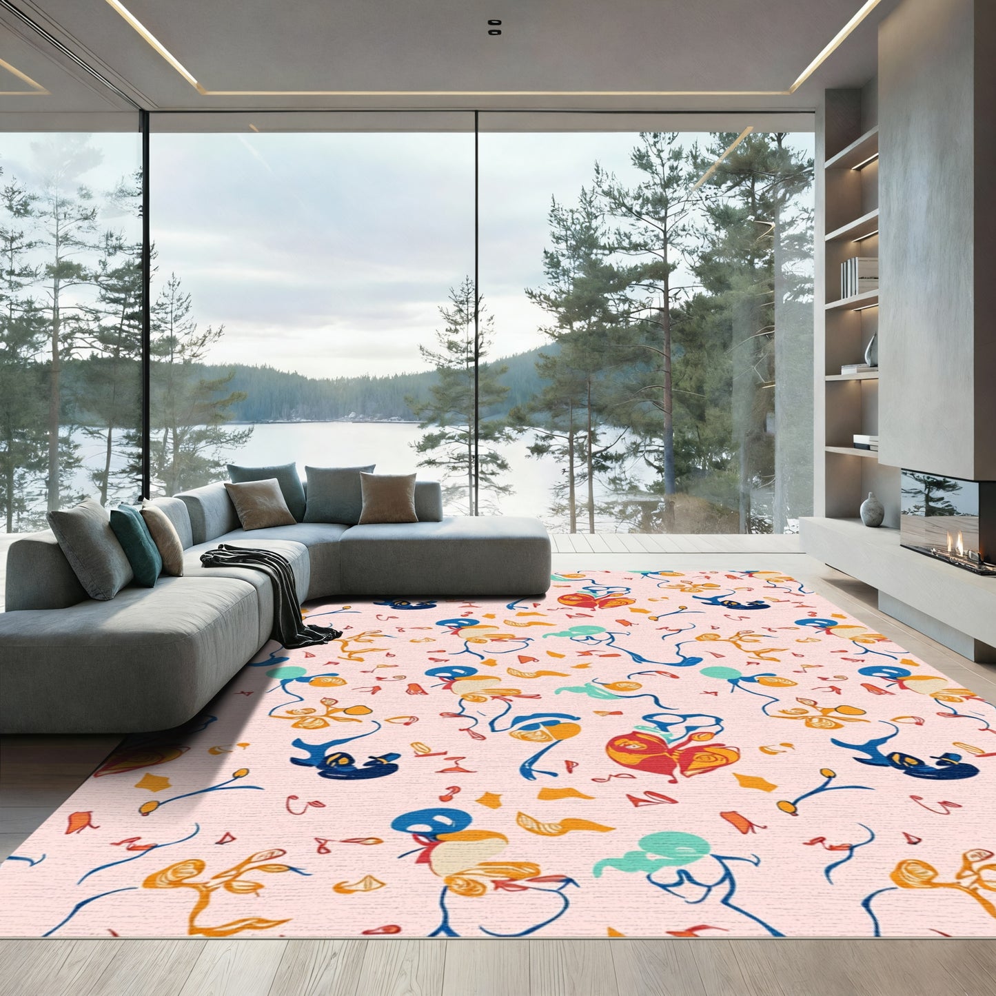 Whimsical Abstract Floral Playful Figures Rug
