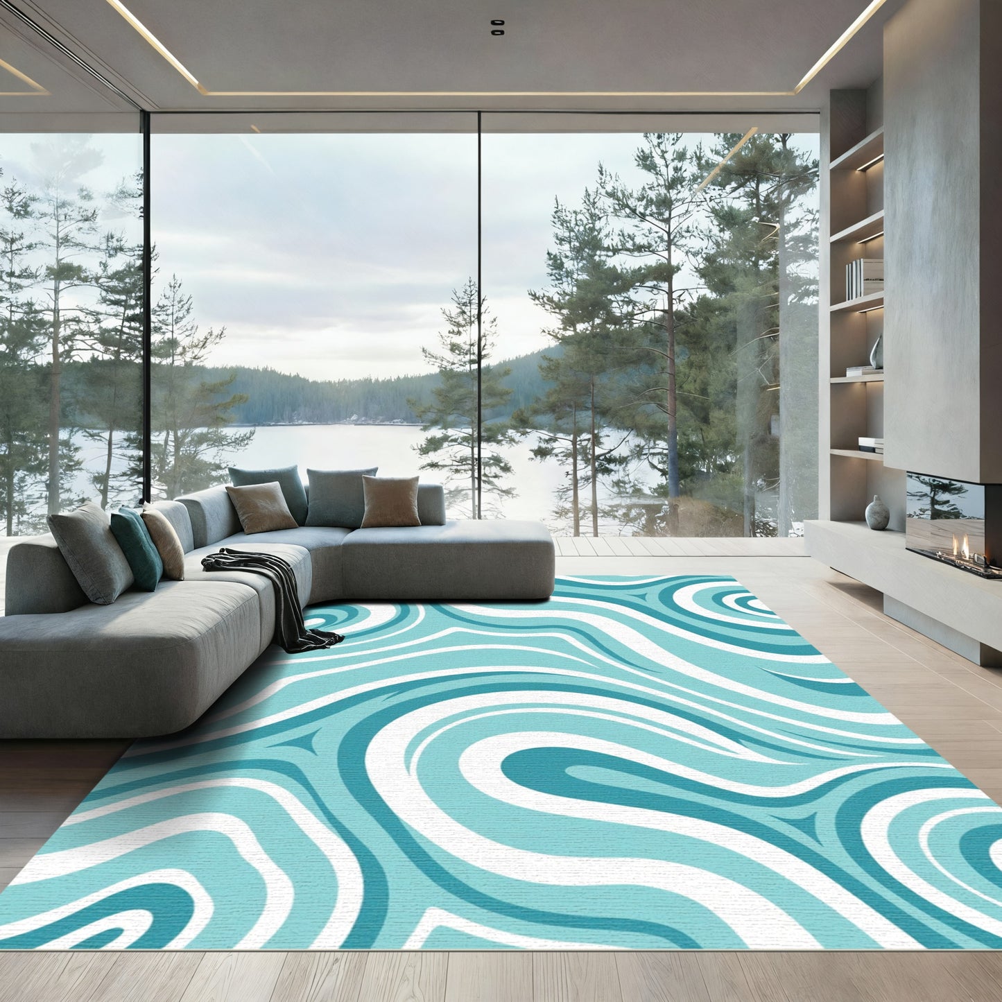 Teal and White Swirl Wave Rug