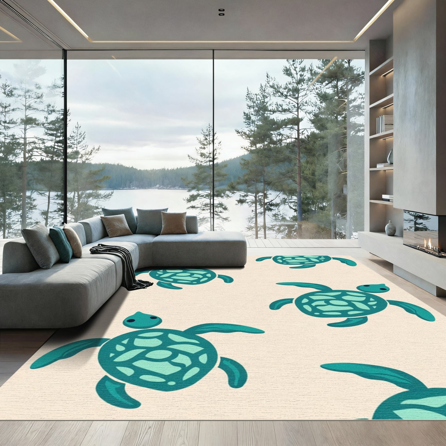 Teal Turtle Repeating Scenic Rug
