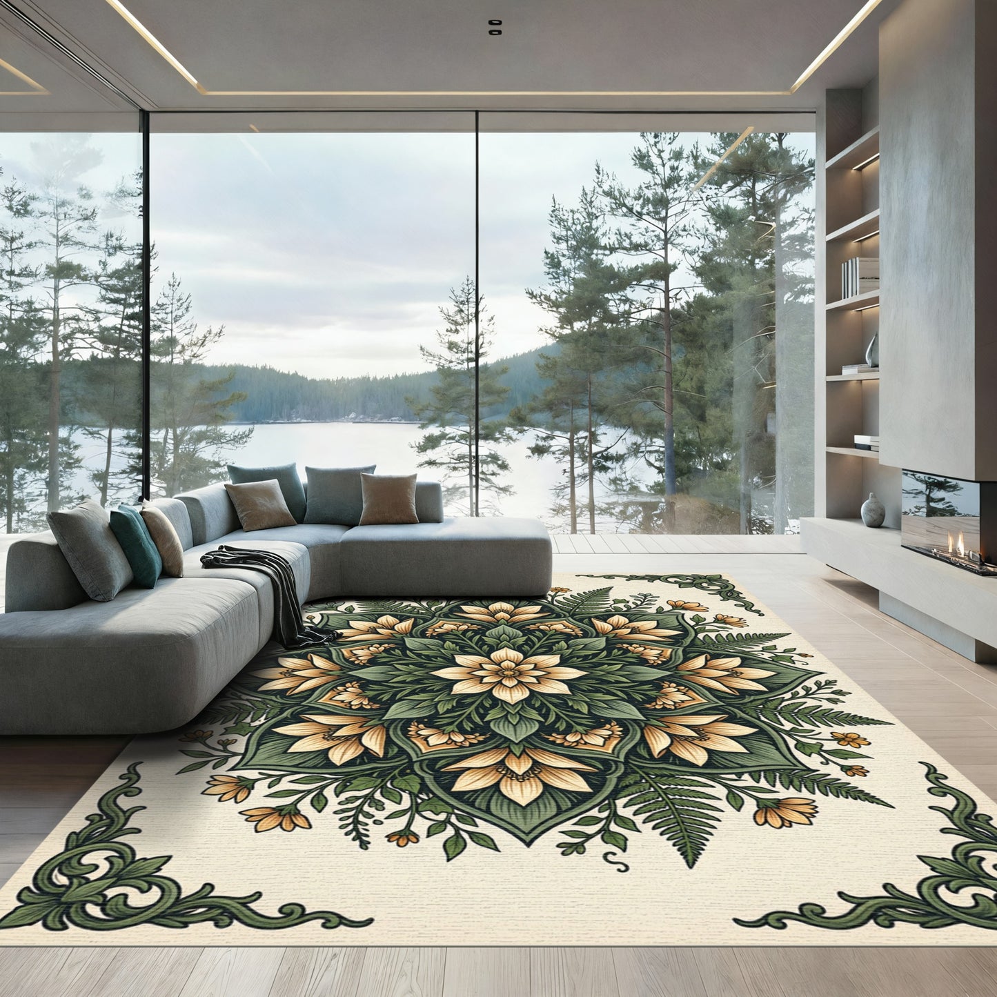 Cream Yellow Floral Fern Mandala Rug