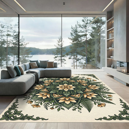 Cream Yellow Floral Fern Mandala Rug