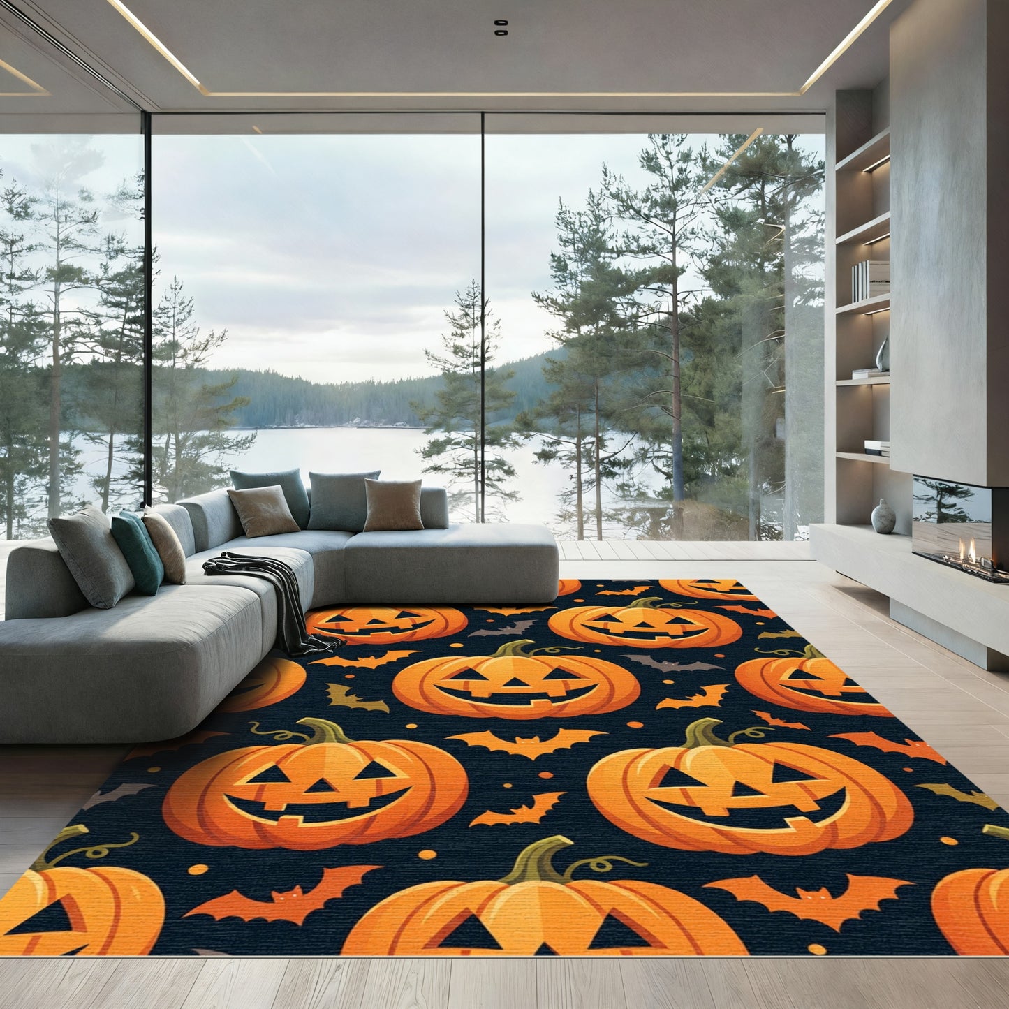 Spooky Orange Pumpkin Flying Bat Halloween Rug