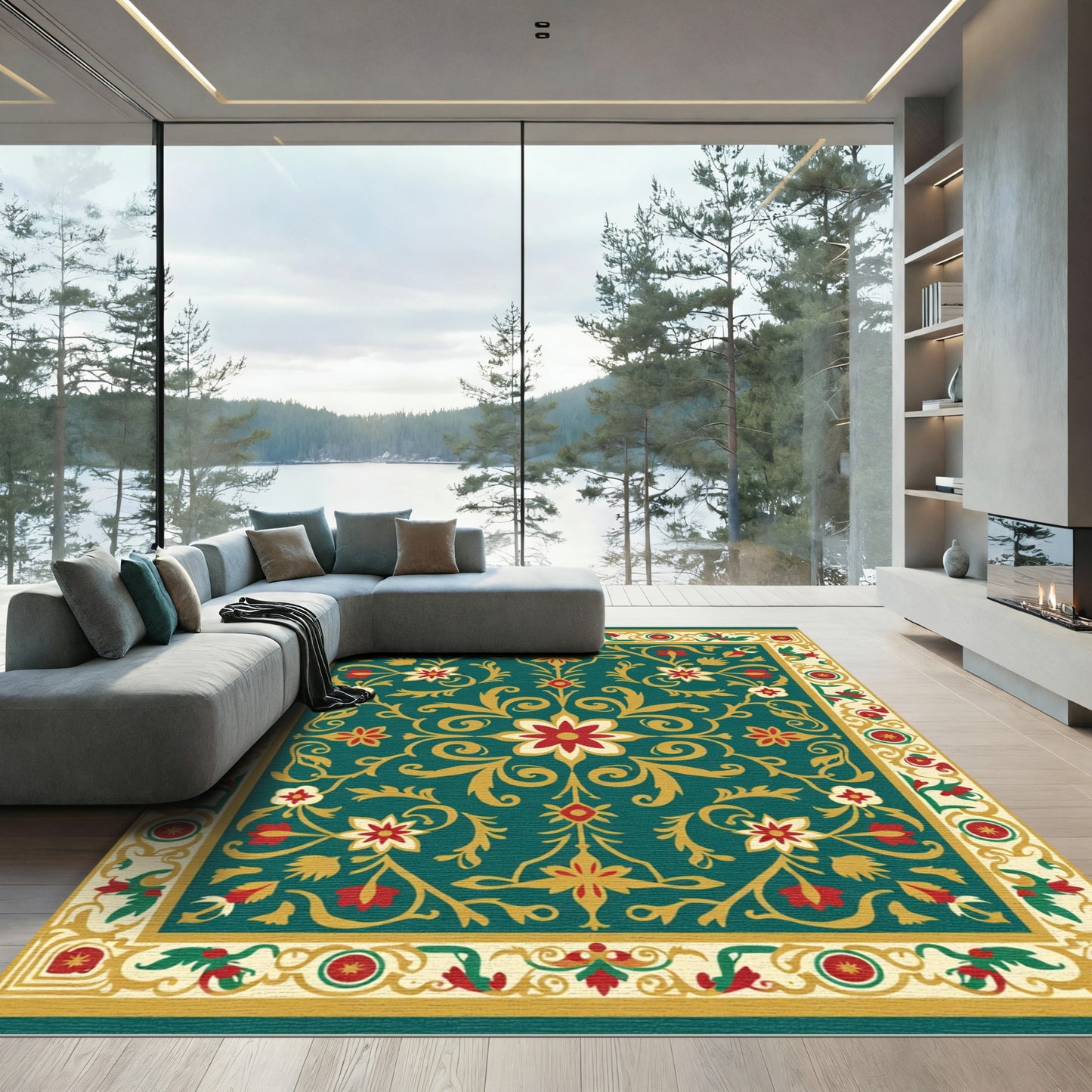 Ornate Teal Floral Medallion Rug