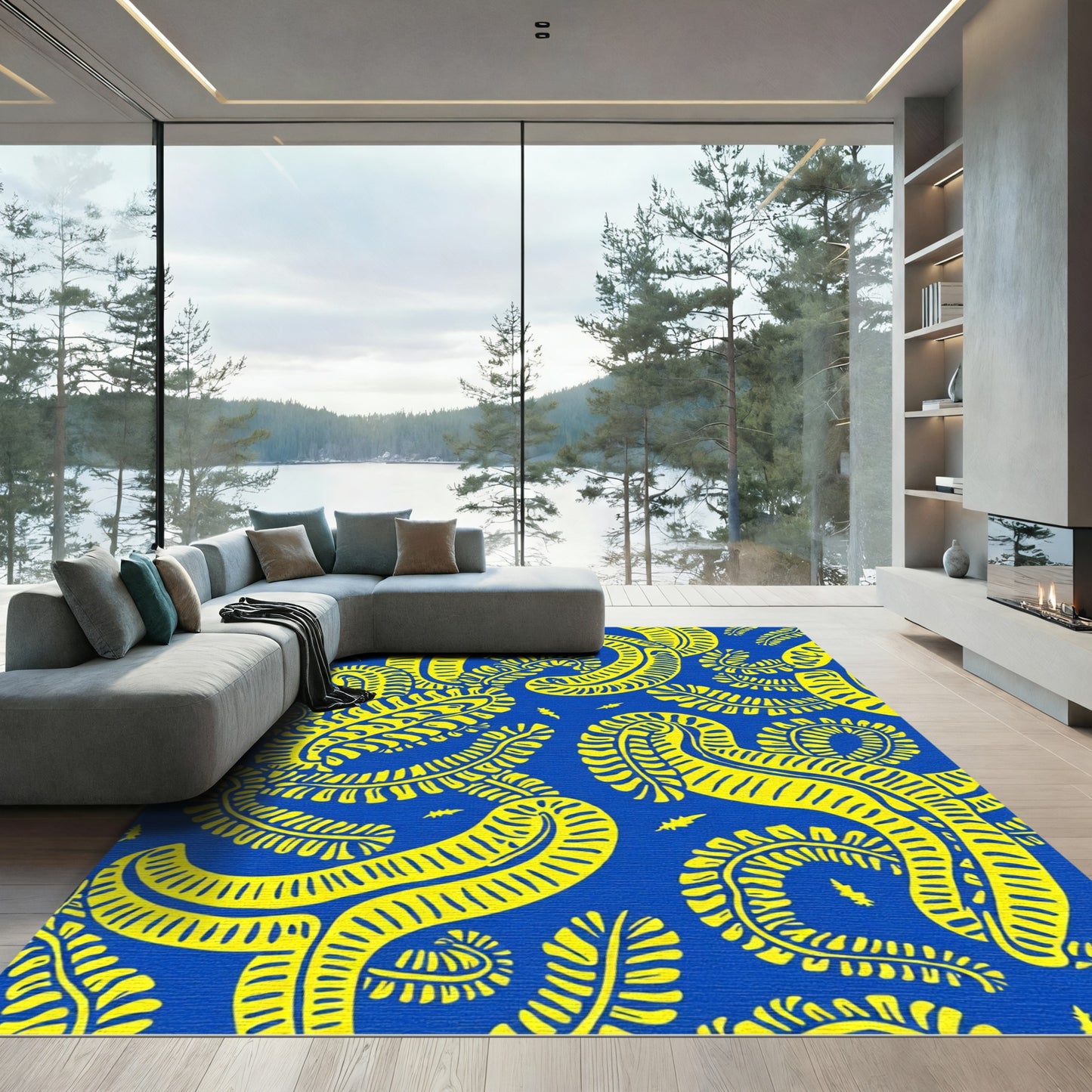 Bold Yellow Curvy Ferns Blue Rug